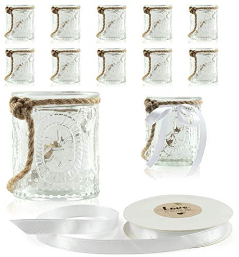 WeddingTree 12 x Windlicht Glas mit Bügel und Dekoband weiß - Teelichtgläser - Einfach Abnehmbarer Metallbügel - Deko für Hochzeit (Romantik klein)