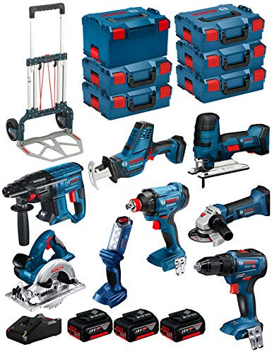 BOSCH Kit 18V BK802 (GST 18 V-LI S + GKS 18 V-LI + GBH 18V-21 + GWS 18-125 V-LI + GSR 18V-55 + GSA 18 V-LI C + GDX 18V-180 + GLI 18V-300 + 3 Batterien 5,0Ah +Ladegerät +5xL-Boxx136 +L-Box238 +Caddy)