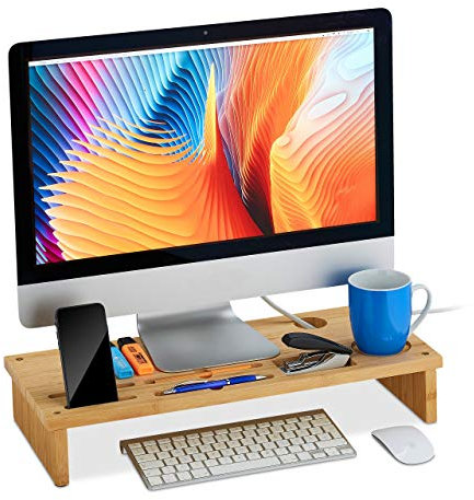Relaxdays Monitorständer Bambus, mit Ablagen, freistehend, Bildschirmerhöhung für Schreibtisch, HBT: 9x54x23 cm, Natur, 10032164