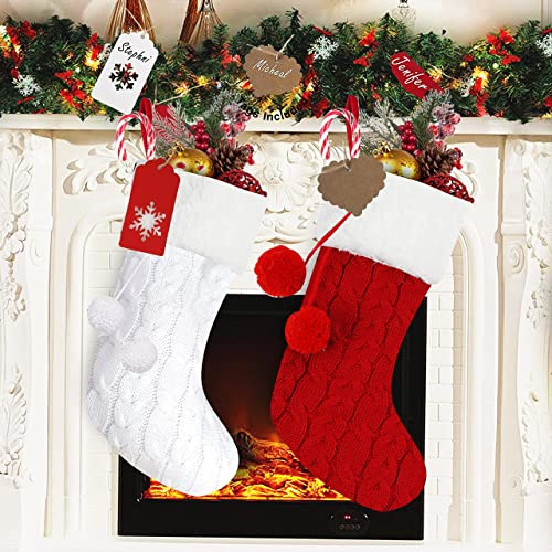 Große Weihnachtsstrümpfe, 4 Stück, rot, weiß, grün, burgunderrot, elfenbeinfarben, dehnbar, gestrickt, Weihnachtsstrümpfe mit 50 personalisierten Geschenkanhängern für Familie, Urlaub (2pcs regular)