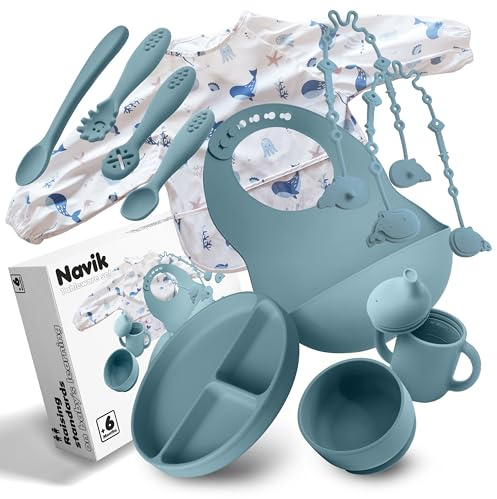 Navik | set pappa svezzamento da 12 pezzi | piatto svezzamento con ventosa per bambini | bicchiere bambino | cucchiaio e ciotola in silicone | blu artico