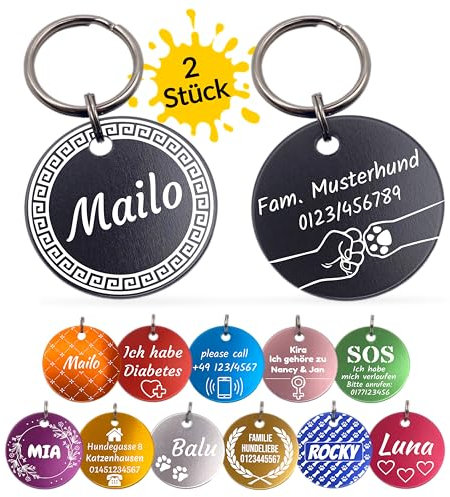 Unikat Branding | 2 Stück Erkennungsmarken | Hund, Katze und Herrchen | Hundemarke personalisiert | Beidseitig mit Gravur | rund | Schwarz | 30 mm