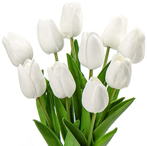 Hollyone 10PCS Tulips Artificial Flowers, White Faux Tulips that look Real, Realistic Fake Flowers for Home Decor, Artificial Flowers for Crafts, Garden, Wedding, Party, Kitchen, Spring Decorations