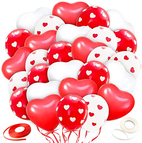 Songjum 60 Stück Ballons Valentinstag Herzluftballons Weiß und Rot mit 2 Bändern 12 Zoll Herz Ballon Latex für Valentinstag Romantische Verlobung Hochzeit Jahrestag Brautdusche Geburtstag Deko