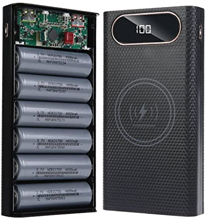 6x21700 Battery Storage Box, 22.5W Fast Charge 15W Wireless Charging Custodia Fai da Te Power Bank Box, 21700 Battery Power Bank Box Kit, 2 X USB Output, Micro e Type C Input