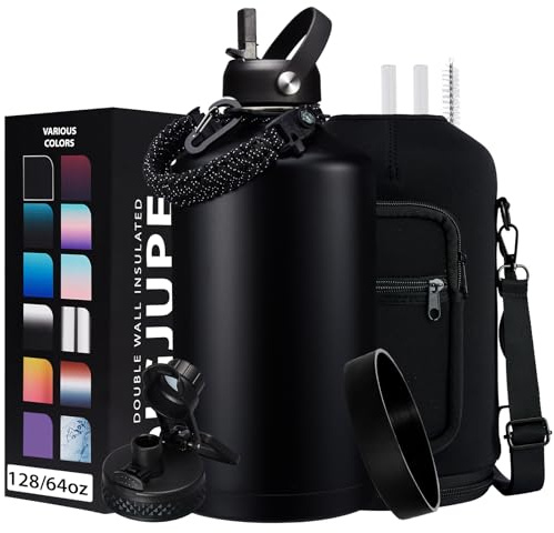 128OZ Insulated Water-Bottles with Strap - 1 Gallon Large Water Jug with Straw & Spout Lid, Stainless Steel Water Bottle Leak Proof, Cold-48h Hot-24h Metal Water Flask w/Paracord Handle, Carrier Bag