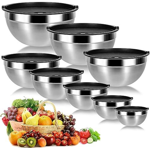 Cinnani 8 Juego de Acero Inoxidable Cuencos mezcladores, Ensaladera, Cuenco Comida, Cuenco de Cocina, Tazón de Cocina Multifuncional con Tapa Hermética