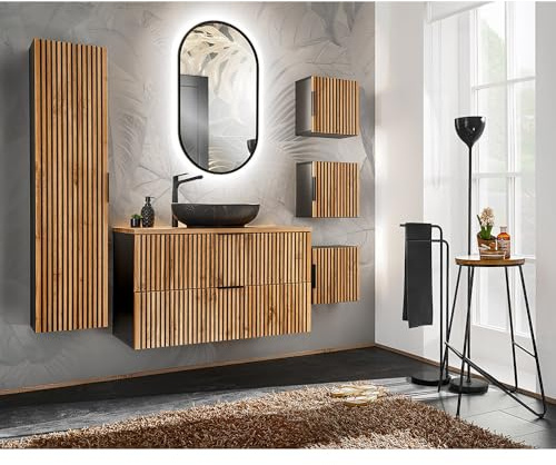 Lomadox Badezimmer Komplett Set mit Hochschrank, 3X Hängeschrank, Waschtisch, Aufsatzwaschbecken, LED Spiegel in anthrazit mit Eiche Nb. schwarz gerillt, B/H/T: ca. 200/200/46,5 cm