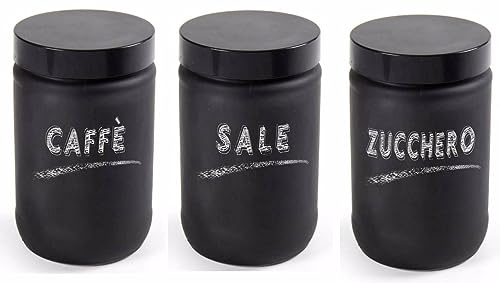 Utilissimi EDITACASA - Set contenitori - Tris Barattoli sale zucchero caffé con coperchio chiusura a vite, capienza 660ml vetro satinato nero - altezza 15 cm