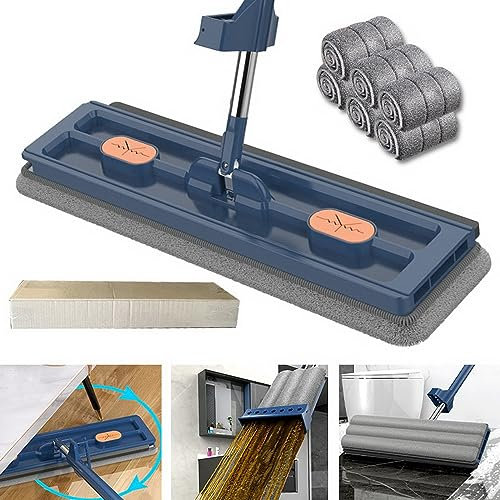 Camiraft Grand Balai Plat de Nouveau Style, Mop avec Manche Longue, Microfibre avec Essorage Intégré, 6 Tampons Microfibre, Utilisation Humide Sèche, pour Sol