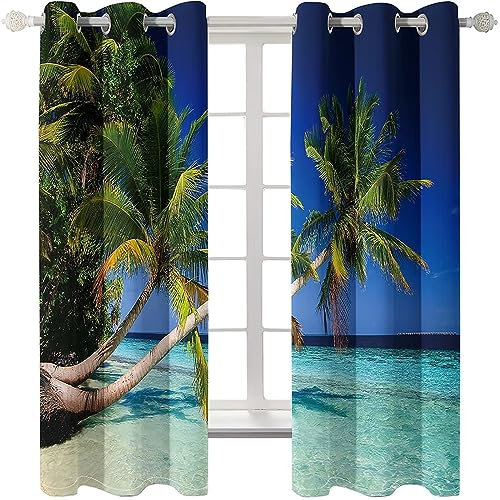 Homxi Vorhang Kinderzimmer Blickdicht 2er Set,2 x 107W x 244H cm,Vorhang Schlafzimmer Blickdicht Blau Grün Strand See Palmen Ösen Gardinen