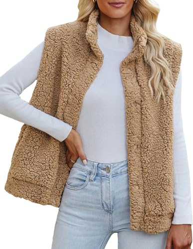 Maeau - Teddy Fleece Gilet for Women Fleece Gilet Sleeveless Jacket Button Waistcoats Ladies Winter Coat Coat Warm Vest Body Warmer with Pockets M Khaki