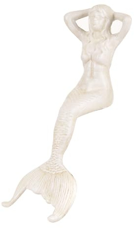 Sungmor 14.3 Tall Large Cast Iron Mermaid Statue, Sitting Mermaid Sculpture Decoration for Pool Pond Birdbath Shelf Desk, Rustic White Garden Figurines for Indoor Outdoor Fish Tank Fountain Rockeries