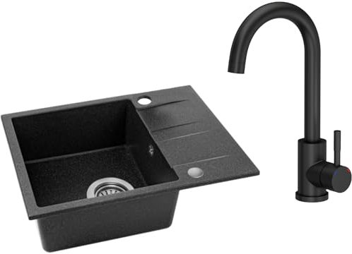 VBChome Spülbecken mit Armatur 56 x 44 cm Schwarz Granit Einzelbecken Einbauspüle Gesprenkelt Reversibel Granitspüle Siphon Waschbecken Schwarz mit Armatur Schwarz Matt