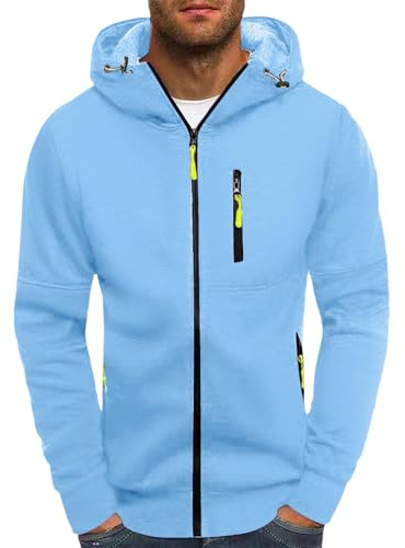 Gefomuofe Sweat à capuche zippé pour homme - Veste à capuche avec fermeture éclair - Cordon de serrage - Décontracté - Veste de sport - Automne et hiver, K bleu ciel, L