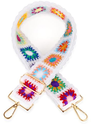 Virkad Handväska Rem med Blommor, 5cm Bred Justerbar Färgglada Boho Väskrem Crossbody Stickad Handväska med Metallspännen, Byte av Crossbody Rem för Handväskor Gitarrer