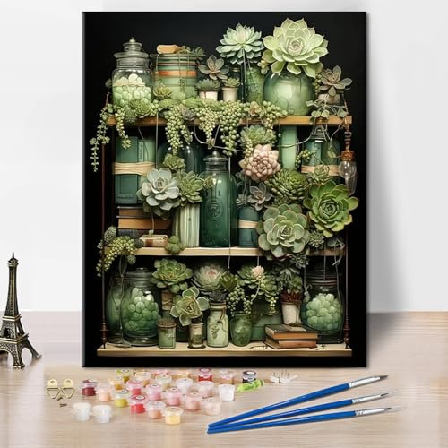 TISHIRON Peinture par Numéros pour Adultes - Succulentes, Bouteille Verte, Fleurs - Kit de Peinture Acrylique - 40 x 50 cm - Sans Cadre