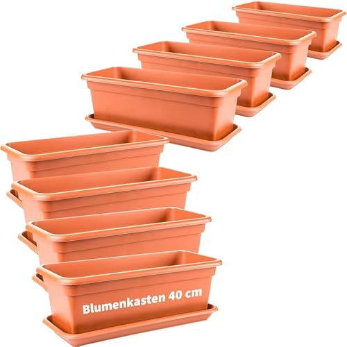 LIVINJA Terrakotta Blumenkasten 40cm mit Untersetzer â€“ 8er-Set, Terracotta, Balkonkästen aus Hochwertigem Kunststoff, EU-Herstellung