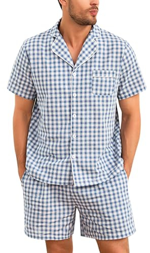 Irdcomps Pijamas Hombre Corto Verano Cortos Pantalones de Pijama Ropa de Dormir con Bolsillos Conjunto de Algodón Pijama para Hombre（Estilo A-Azul，XL