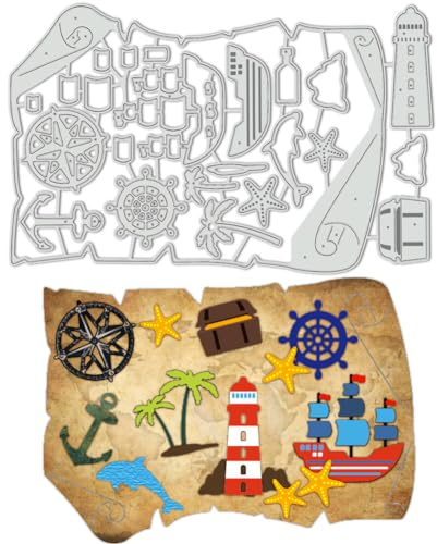 BENECREAT Schatzkarte Stanzformen, Kompass-Segelboot-Schablonen, Nautische Karte, Dekorative Prägeschablonen Für Scrapbooking, Fotoalbum, Grußkartenherstellung, Papierprägung