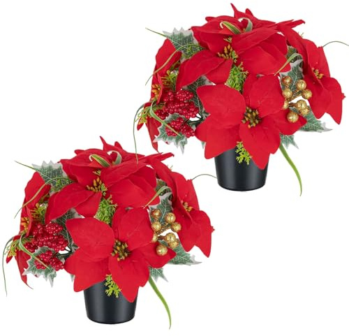 Memobloom Grave Flower Pots for Christmas: 2 Pcs Artificial Flowers for Graves in Pot - Funeral Cemetery Red Poinsettia for Outdoor Decorations - Memorial Bouquet Arrangements for Xmas Graveside