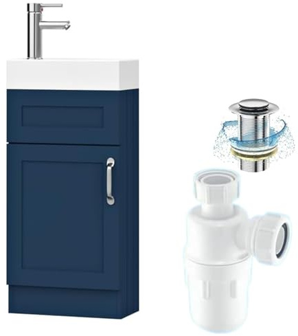 BELOFAY Under Sink Bathroom Cabinet Floor Standing Storage Cupboard Basin vanity Unit, 400mm Laquered Cloakroom vanity unit with basin, Trap and Waste, Tap not included Crawley Blue