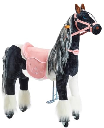 PONNIE Caballo de equitación con Ruedas Domino M (5 – 12 años), Caballo de Juego para Montar con sillín Rosa extraíble y Cabestro con Brida y Melena y Cola peinables, Caballo de Peluche para Montar a