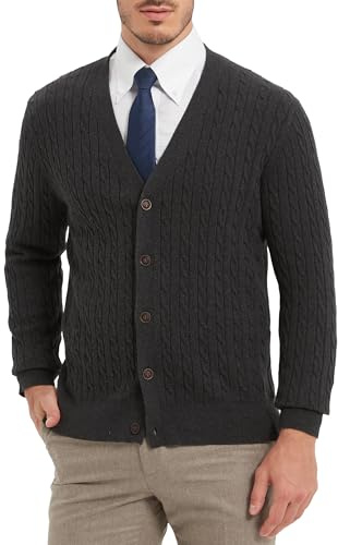 Kallspin Herr ren bomull kabelstickad cardigan V-ringad tröja klassisk vardaglig stickad med knappar, Träkol, XL
