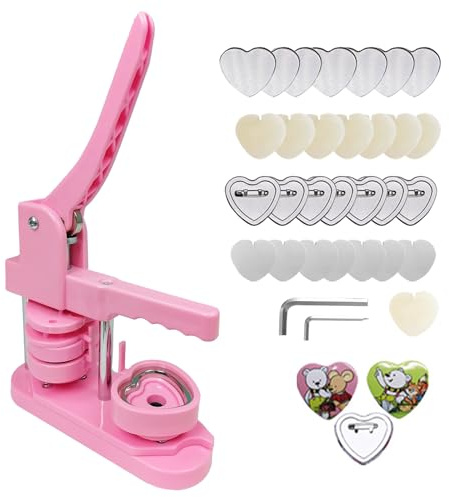 WPKD BLUEIY Button Maker Maschine, DIY Herzförmige Button-Maker-Maschine, Keine Installation Integral Geformte Abzeichen Stanzpresse aus ABS Kunststoff Edelstahl mit 100 Stück Button Teilen (Rosa)