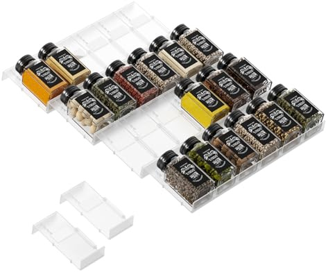 Famhap Gewürz Organizer Gewürzregal Schublade 24 Stück | Verstellbarer, Küchen Organizer, Rutschfest, Robustem ABS-Kunststoff, Werkzeuglose Montage, Spice rack für Küche Bad Büro