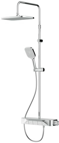 AM.PM Func - Duschsystem mit Thermostat & 40 cm Glasablage, Komplettes Duschset mit eckiger Regendusche 30x21 cm & Handbrause (3 Strahlarten), höhenverstellbare Duschsäule 103–146 cm, Chrom