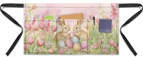 Noprintge Server Half Waist Apron for Women & Men for Cooking with 3 Pockets, Easter Bunny Eggs Tulip Print, 13.19 X 23.43 Inch Waterproof & Oil Waiter Waitress Apron