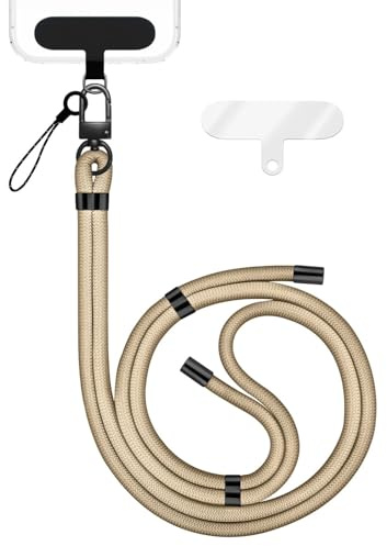 NALIA Universal Handykette für alle Smartphones, Beige, Schwarz Metall | Voluminöses Band liegt weich auf der Haut, Ohne Kleben montiert, Trägt auch Kompaktkamera und Wallet, HOLDME