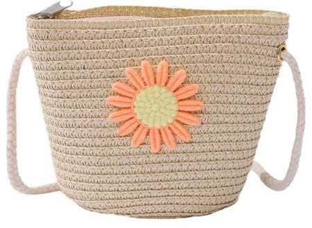 SUNSK Bolso de hombro de margaritas para niñas, flores bolsa de paja, mini bolso cruzado, monederos para niñas de 3 a 12 años, 19 x 14 x 5 cm, beige