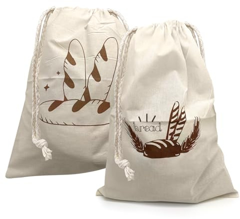 PEKLLOCY Lot de 2 sacs à pain en lin avec cordon de serrage, élégants, réutilisables, en lin, pour baguette, pain, fruits, légumes, 38 x 30 cm