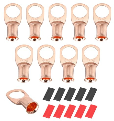sourcing map 10pcs 4 AWG M12 Battery Lugs Ring Terminals, 1/2 12mm Stud Crimp Wire Terminal Connector End Copper, 3:1 Heat Shrink Tubing, Gold