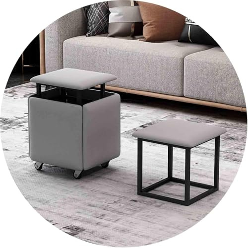 Magic Cube Stools 5 in 1 Niststuhl mit Ledersitz und Rollen, Hausmöbel Essküche Softstapelbare Osmanen, hellgrau, 35x35x35 cm