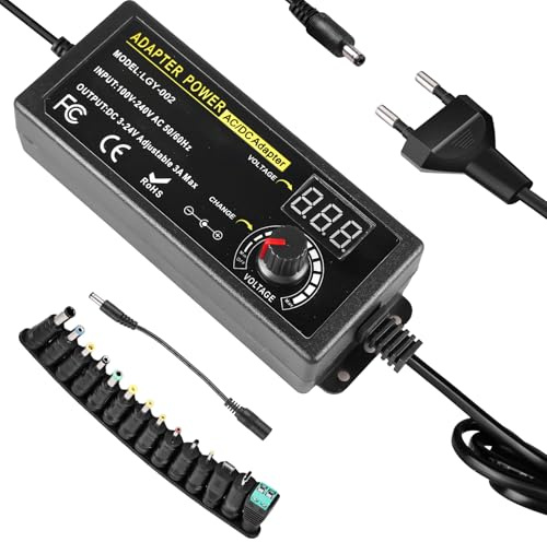 3-24V Universal Netzteil, 72W Verstellbarer Netzadapter, Einstellbares Netzteil, Universal Adapter Ladegerät mit LED Spannungsanzeige und 14 Spitzen, für 3V-24V Haushaltselektronik, Schwarz