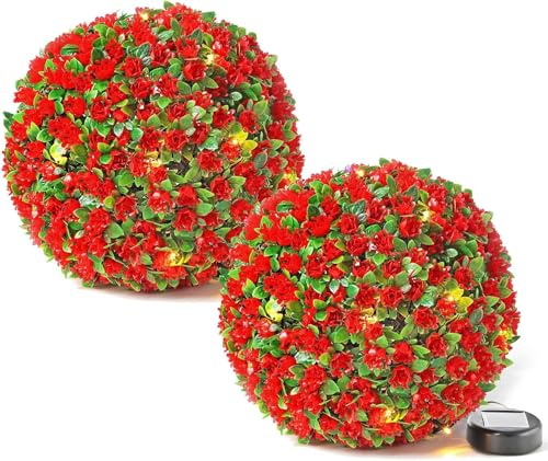 MantraRaj 2 X 28CM Solar Powered Topiary Ball 20 LED Flower Lights Dual Function Garden Sphere Great For Outdoor Decorations For Wedding Artificial Plant Backyard Balcony Garden Decor (2, Red)