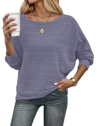 WNEEDU Jersey Mujer Otoño Invierno Fino Punto Rayado Suéter Elegante | Con hombros descubiertos, mangas de murciélago, cuello barco, holgado amplio, prenda casual