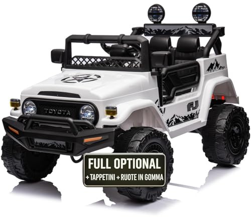 TOYSCAR Auto Macchina Elettrica per Bambini Jeep Toyota Fj Cruiser 12V Ruote in Gomma Full Optional Sedile Pelle Porte Apribili Tappetino e Telecomando (Bianco)