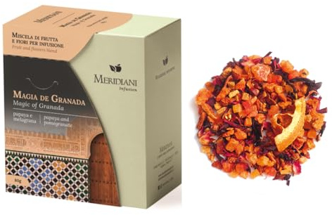 Meridiani® | Magia de Granada Miscela Frutta e Fiori | Infuso Fruttato Papaya Melagrana Mango Arancia - (80 Gr) | Miscela per Infusione Senza Caffeina