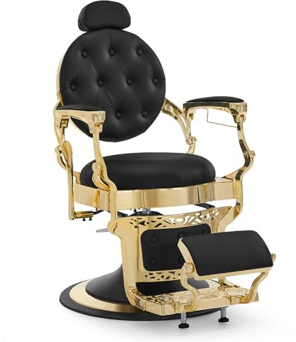 BarberPub Silla de peluquería con reposacabezas inclinable, Equipamiento de peluquería con Bomba hidráulica, giratoria 360°, Silla de barbero de Cuero sintético, 2933-F (Negro-Dorado)