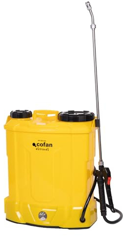Cofan Pulverizador de Espalda Eléctrico, Sulfatadora Profesional de 12 litros, Batería de Litio 12 V, Lanza de Acero Inoxidable, 4 Boquillas Incluidas (Amarillo, 12 litros, Pulverizador de Espalda)