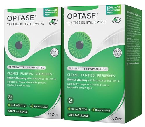 Optase Tea Tree Oil Eyelid Wipes – Cleanses, Purifies, and Refreshes Eyelids – Preservative Free – Biodegradable Wipes – Effective Cleansing with Antibacterial Tea Tree Oil  - 2x30 Pack