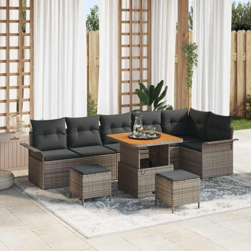 kithwjll Gartensofa-Set 9-teilig Grau mit Kissen Poly-Rattan wetterfest modular für Garten, Terrasse, Balkon, Outdoor Lounge Sofa, kleine Sitzbank für entspannte Momente und gesellige Runden