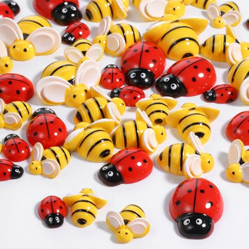 Tiny Resin Bees Ladybugs, 50 Pieces Resin Bees for Crafts | Including 25 PCS Mini Ladybugs and 25 PCS Bumble Bee Small Lady Bugs Insect for DIY Crafts Scrapbooking Decoration