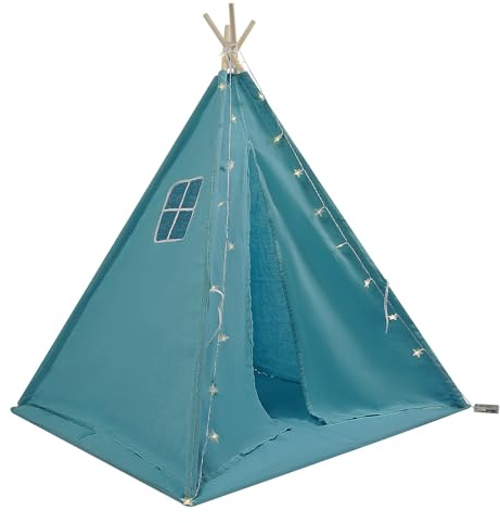 Tenda per Bambini 120x120x140cm con Luce, Tipi per Ragazzo 1,6m in Cotone Lino per Camera, Giardino, Spiaggia, Casetta da Gioco per Interno ed Esterno con Tappeto, Ghirlanda 3m