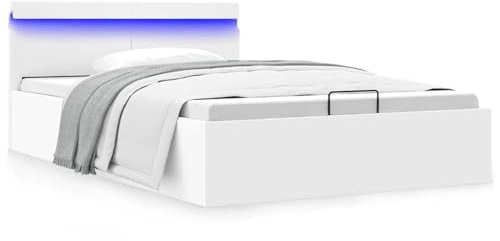 Cama con Almacenamiento Hidráulico 140 x 200 cm, Cama Tapizada och Cuero Sintético Blanco con Iluminación LED RGB justerbar konstruktionsstil, MDF och Acero, inklusive Somier de Lamas – Sin Colchón