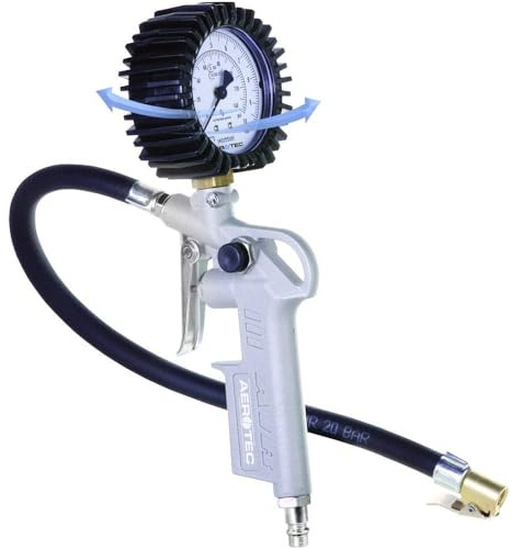 Aerotec 200548 Druckluftpistole / Reifenfüller Set | Reifenfüllerpistole mit 3 Adaptern, Wika Manometer und 30cm Gummischlauch | Geeicht, Druck bis 10 Bar, Standard SK Nippel, Material: Aluminium